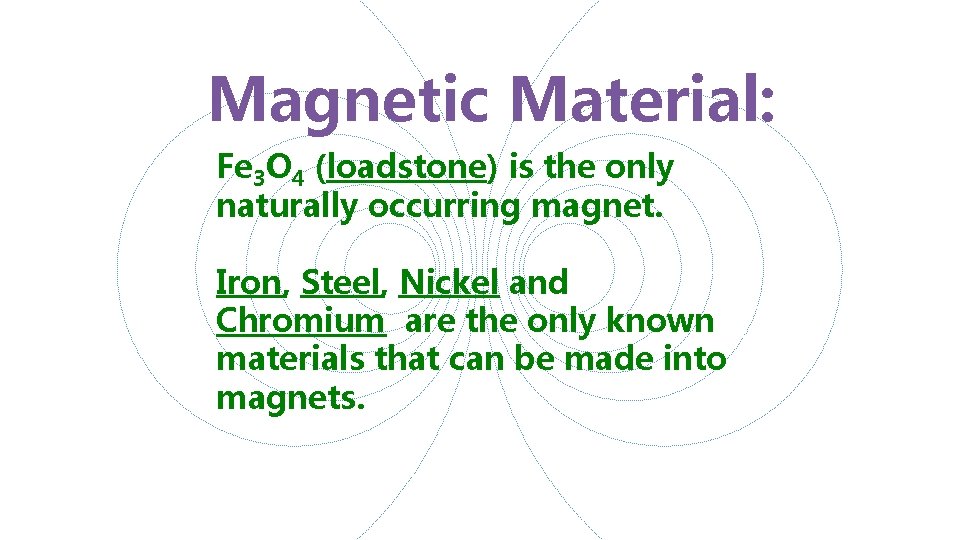 Magnetic Material: Fe 3 O 4 (loadstone) is the only naturally occurring magnet. Iron,