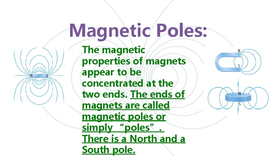 Magnetic Poles: The magnetic properties of magnets appear to be concentrated at the two