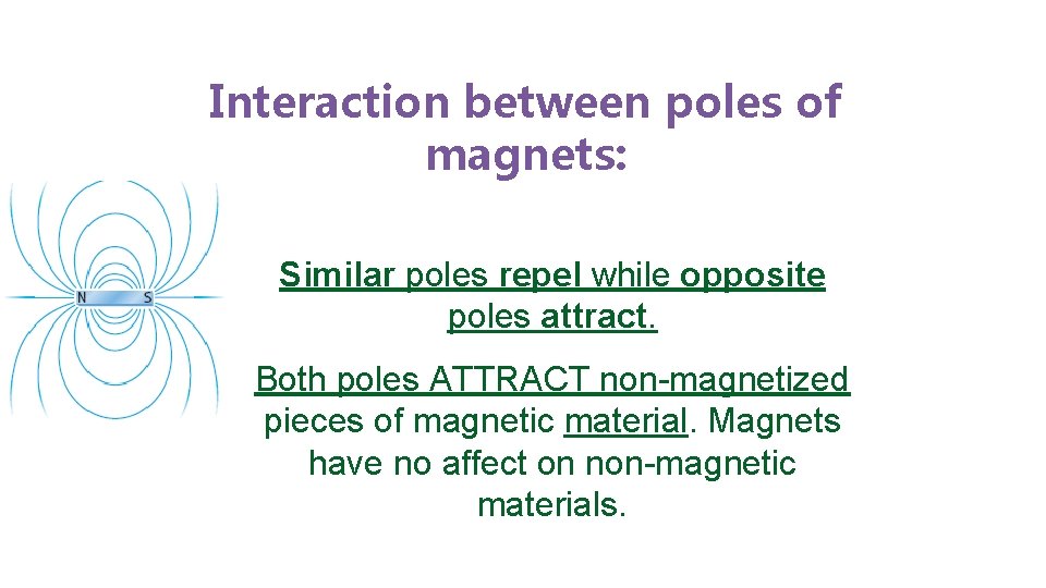Interaction between poles of magnets: Similar poles repel while opposite poles attract. Both poles