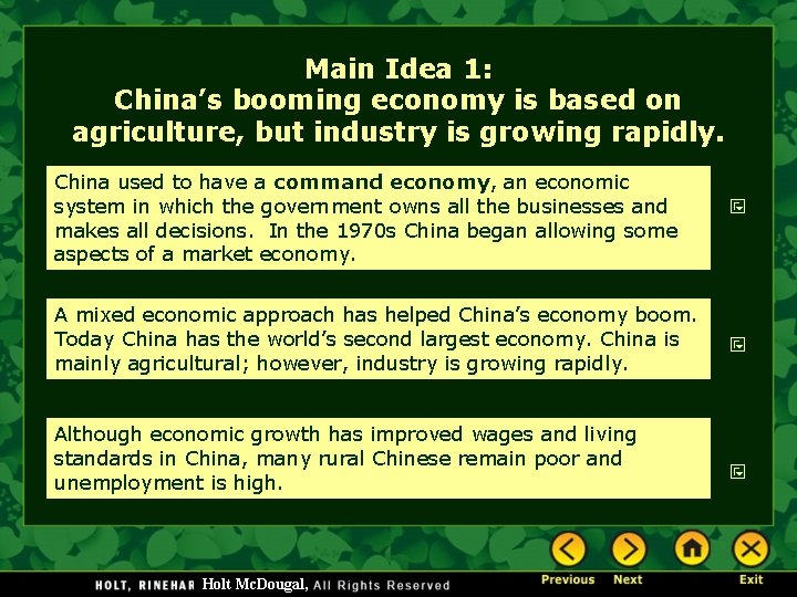 Main Idea 1: China’s booming economy is based on agriculture, but industry is growing