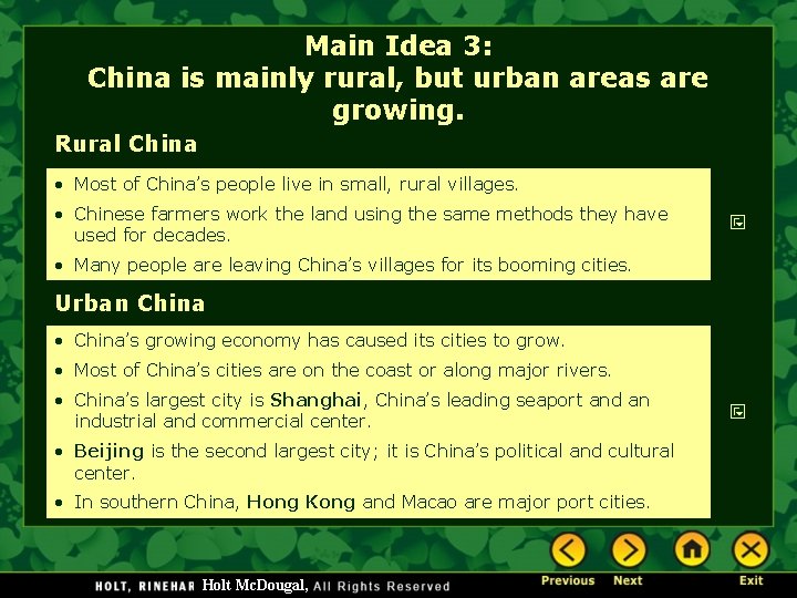 Main Idea 3: China is mainly rural, but urban areas are growing. Rural China