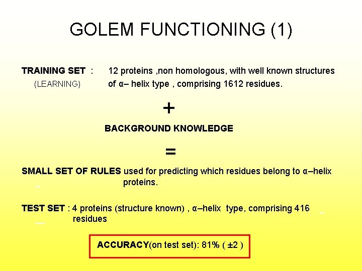 GOLEM FUNCTIONING (1) TRAINING SET : (LEARNING) 12 proteins , non homologous, with well