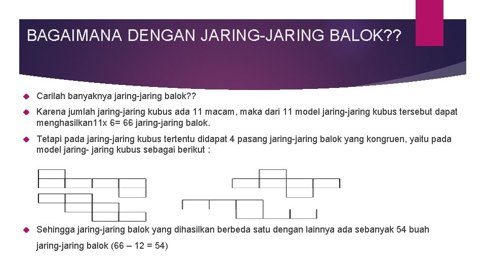 BAGAIMANA DENGAN JARING-JARING BALOK? ? Carilah banyaknya jaring-jaring balok? ? Karena jumlah jaring-jaring kubus BAGAIMANA DENGAN JARING-JARING BALOK? ? Carilah banyaknya jaring-jaring balok? ? Karena jumlah jaring-jaring kubus