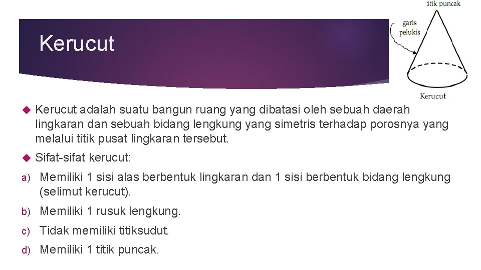 Kerucut adalah suatu bangun ruang yang dibatasi oleh sebuah daerah lingkaran dan sebuah bidang Kerucut adalah suatu bangun ruang yang dibatasi oleh sebuah daerah lingkaran dan sebuah bidang