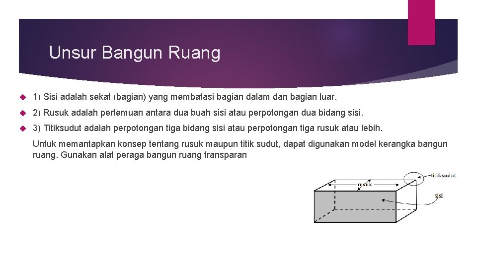 Unsur Bangun Ruang 1) Sisi adalah sekat (bagian) yang membatasi bagian dalam dan bagian Unsur Bangun Ruang 1) Sisi adalah sekat (bagian) yang membatasi bagian dalam dan bagian