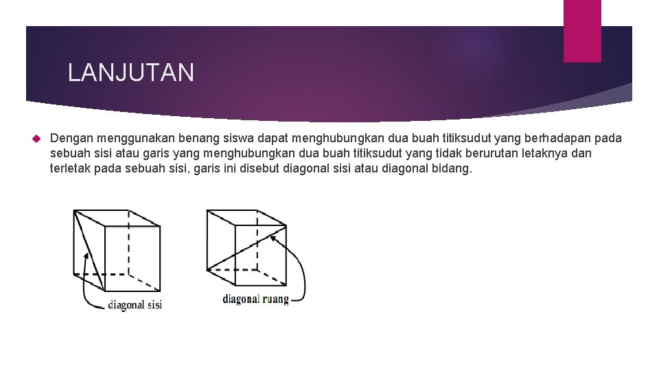 LANJUTAN Dengan menggunakan benang siswa dapat menghubungkan dua buah titiksudut yang berhadapan pada sebuah LANJUTAN Dengan menggunakan benang siswa dapat menghubungkan dua buah titiksudut yang berhadapan pada sebuah