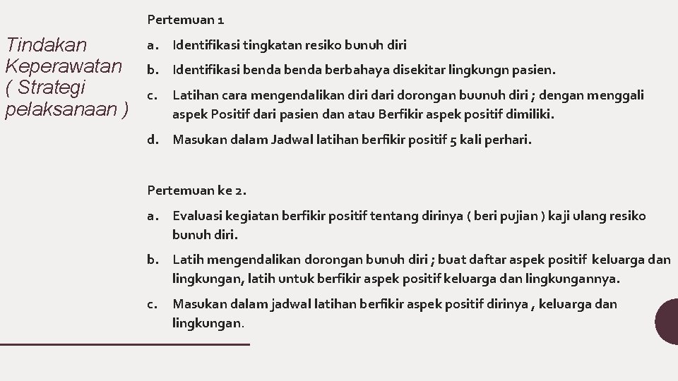Pertemuan 1 Tindakan Keperawatan ( Strategi pelaksanaan ) a. Identifikasi tingkatan resiko bunuh diri Pertemuan 1 Tindakan Keperawatan ( Strategi pelaksanaan ) a. Identifikasi tingkatan resiko bunuh diri