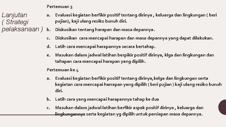 Pertemuan 3 Lanjutan ( Strategi pelaksanaan ) a. Evaluasi kegiatan berfikir positif tentang dirinya Pertemuan 3 Lanjutan ( Strategi pelaksanaan ) a. Evaluasi kegiatan berfikir positif tentang dirinya