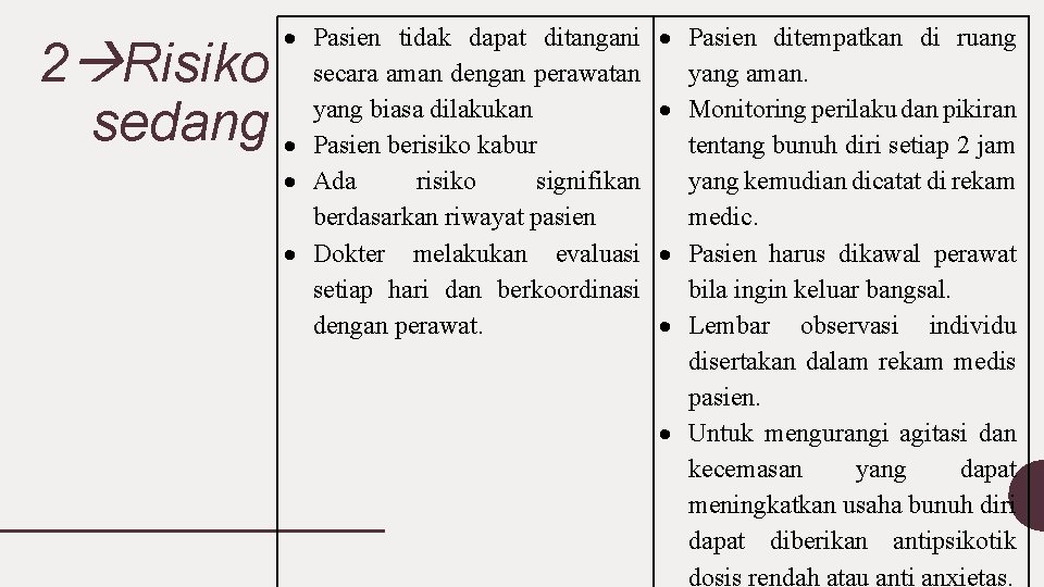 2 Risiko sedang Pasien tidak dapat ditangani secara aman dengan perawatan yang biasa dilakukan