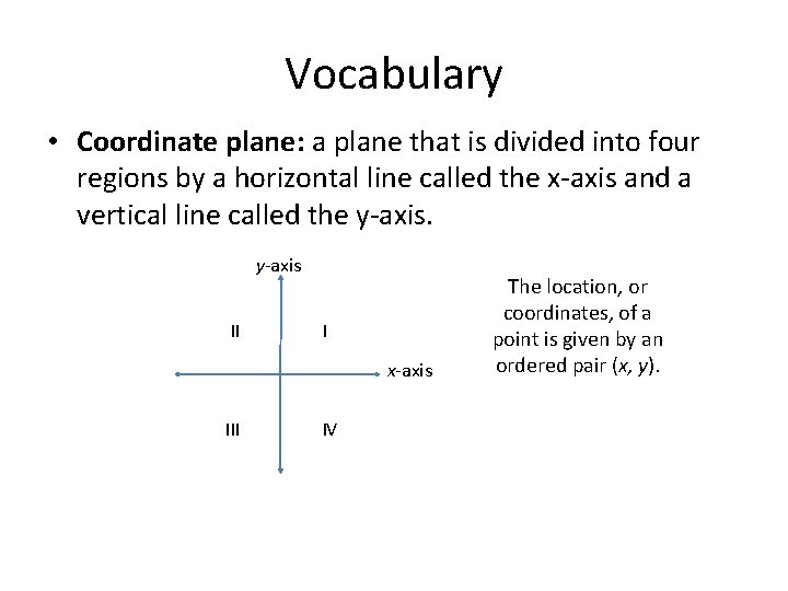 Vocabulary • Coordinate plane: a plane that is divided into four regions by a