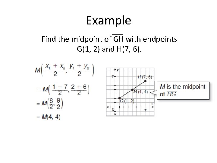 Example Find the midpoint of GH with endpoints G(1, 2) and H(7, 6). 