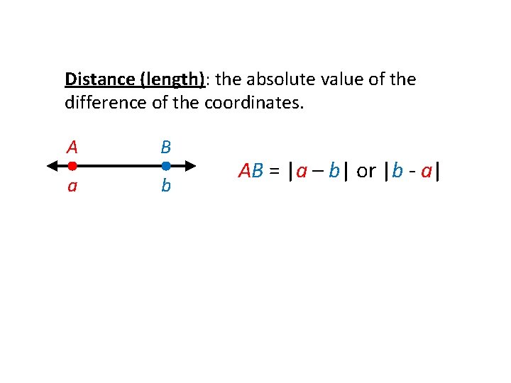 Distance (length): the absolute value of the difference of the coordinates. A B a
