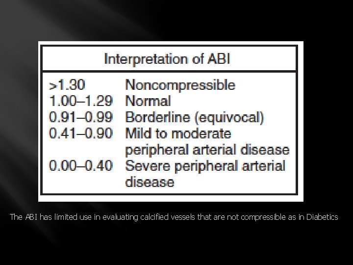 The ABI has limited use in evaluating calcified vessels that are not compressible as