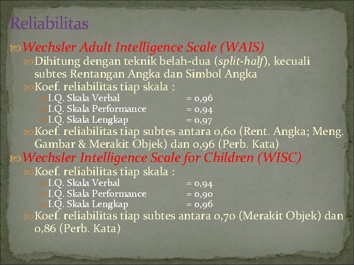 Reliabilitas Wechsler Adult Intelligence Scale (WAIS) Dihitung dengan teknik belah-dua (split-half), kecuali subtes Rentangan