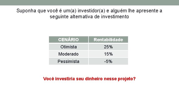 Suponha que você é um(a) investidor(a) e alguém lhe apresente a seguinte alternativa de