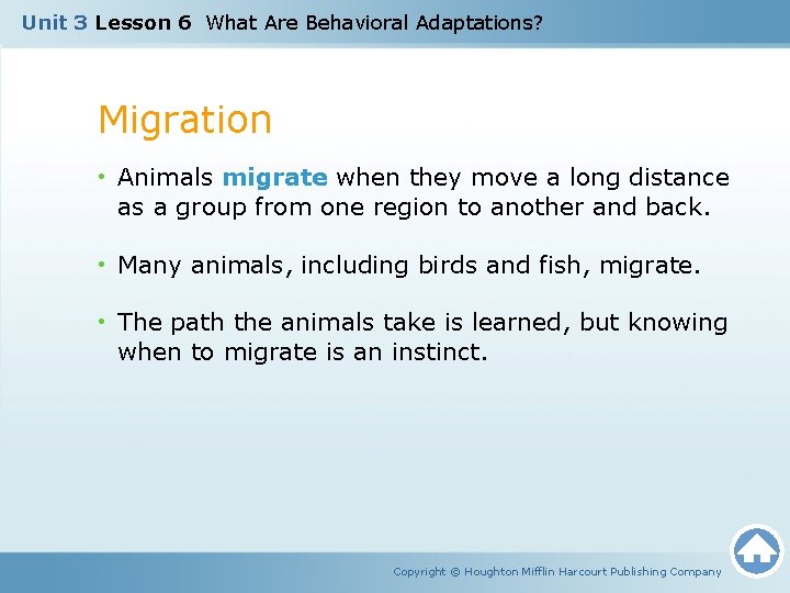 Unit 3 Lesson 6 What Are Behavioral Adaptations? Migration • Animals migrate when they