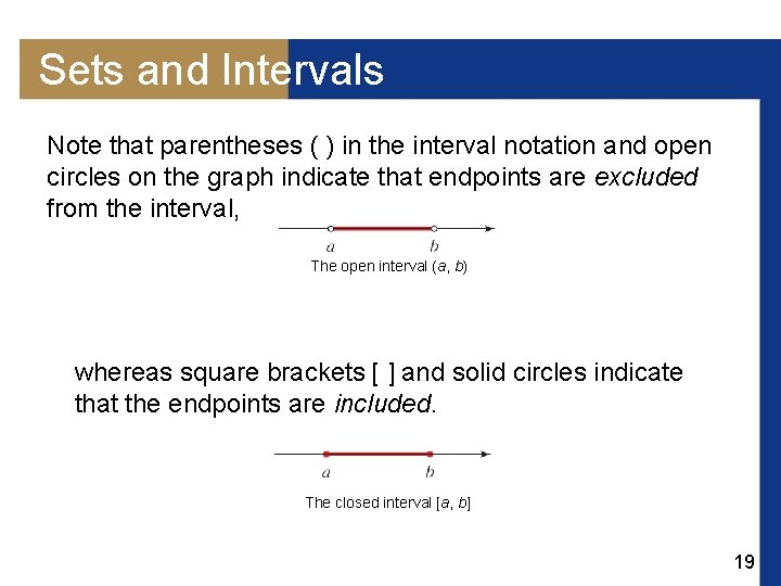 Sets and Intervals Note that parentheses ( ) in the interval notation and open