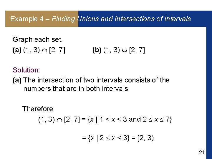 Example 4 – Finding Unions and Intersections of Intervals Graph each set. (a) (1,