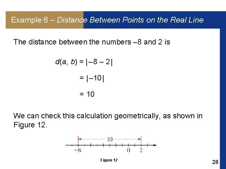 Example 6 – Distance Between Points on the Real Line The distance between the