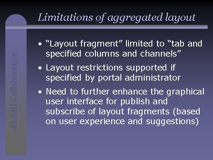 JA-SIG Collaborative Limitations of aggregated layout • “Layout fragment” limited to “tab and specified