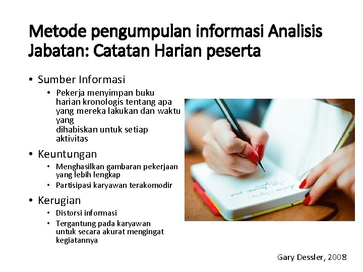 Metode pengumpulan informasi Analisis Jabatan: Catatan Harian peserta • Sumber Informasi • Pekerja menyimpan