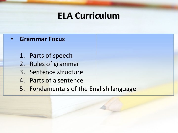 ELA Curriculum • Grammar Focus 1. 2. 3. 4. 5. Parts of speech Rules