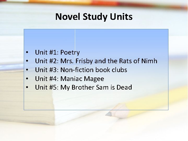 Novel Study Units • • • Unit #1: Poetry Unit #2: Mrs. Frisby and