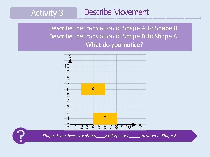 Activity 3 Describe Movement Describe the translation of Shape A to Shape B. Describe