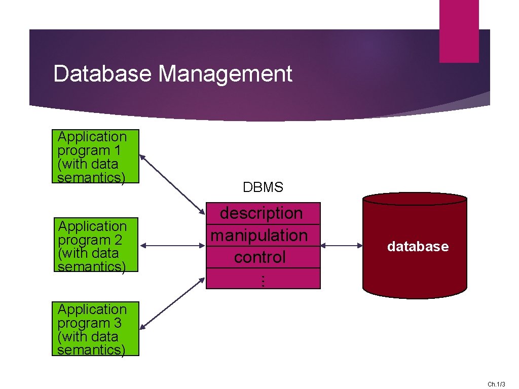 Database Management Application program 1 (with data semantics) Application program 2 (with data semantics)