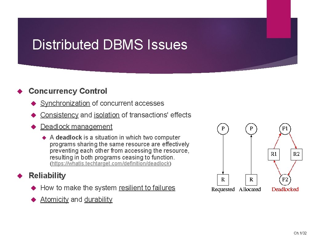 Distributed DBMS Issues Concurrency Control Synchronization of concurrent accesses Consistency and isolation of transactions'