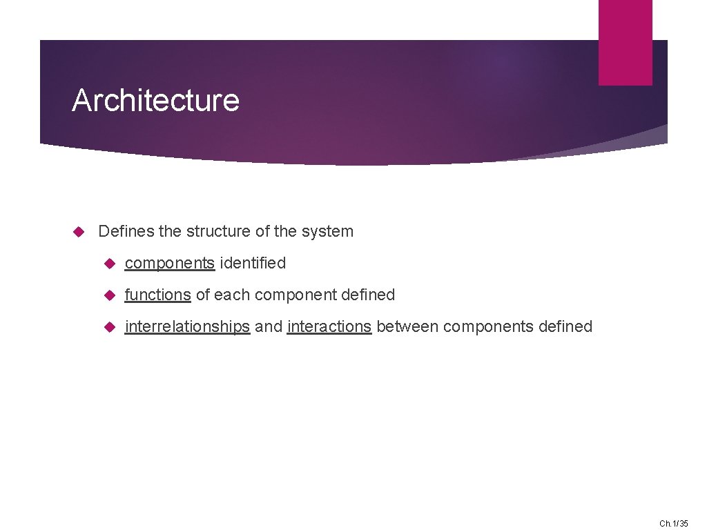 Architecture Defines the structure of the system components identified functions of each component defined