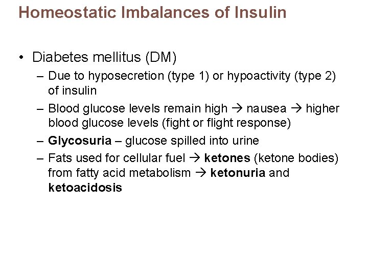 Homeostatic Imbalances of Insulin • Diabetes mellitus (DM) – Due to hyposecretion (type 1)