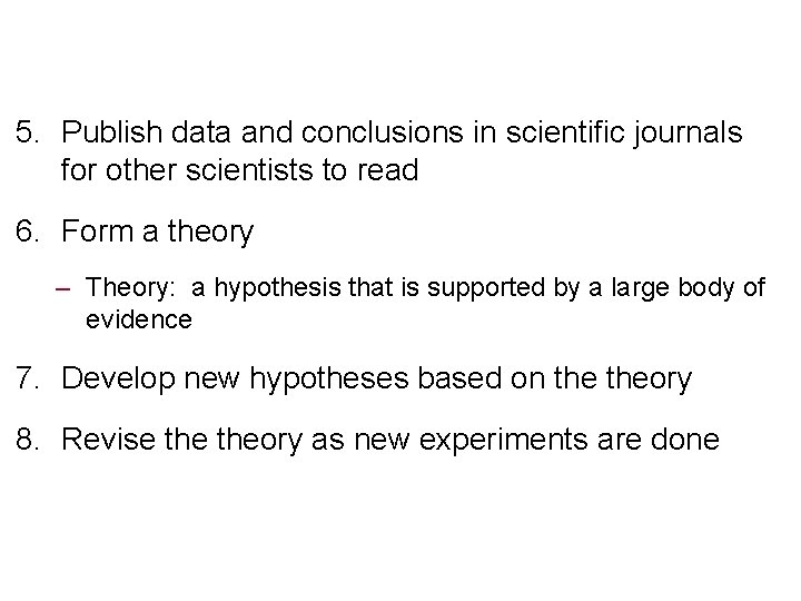 5. Publish data and conclusions in scientific journals for other scientists to read 6.