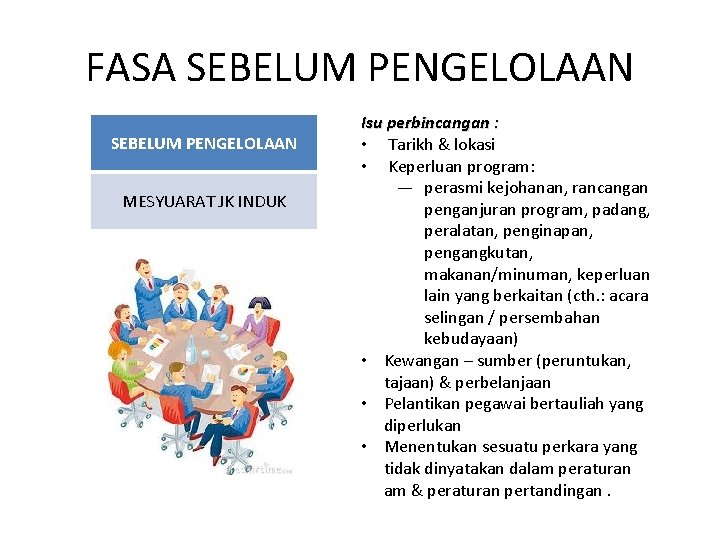 FASA SEBELUM PENGELOLAAN MESYUARAT JK INDUK Isu perbincangan : • Tarikh & lokasi •