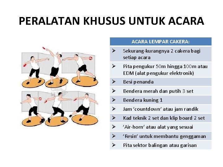 PERALATAN KHUSUS UNTUK ACARA LEMPAR CAKERA: Ø Sekurang-kurangnya 2 cakera bagi setiap acara Ø
