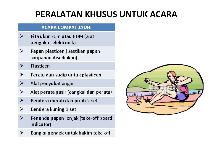 PERALATAN KHUSUS UNTUK ACARA LOMPAT JAUH: Ø Pita ukur 20 m atau EDM (alat