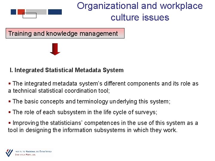 Organizational and workplace culture issues Training and knowledge management I. Integrated Statistical Metadata System