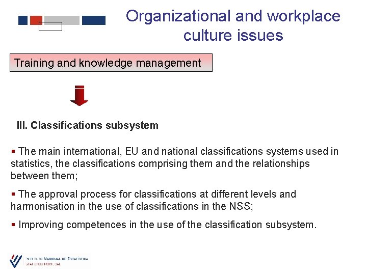 Organizational and workplace culture issues Training and knowledge management III. Classifications subsystem § The
