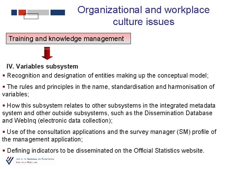 Organizational and workplace culture issues Training and knowledge management IV. Variables subsystem § Recognition