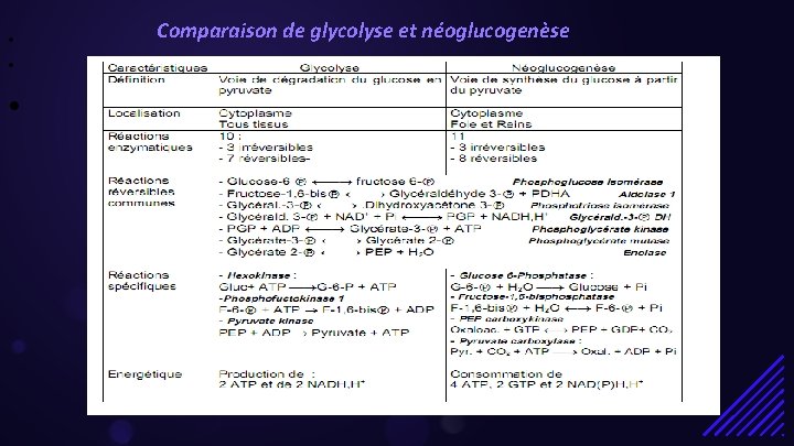  • • • Comparaison de glycolyse et néoglucogenèse 