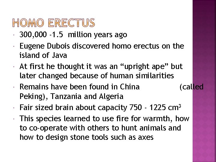  300, 000 -1. 5 million years ago Eugene Dubois discovered homo erectus on