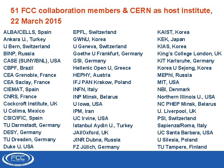 51 FCC collaboration members & CERN as host institute, 22 March 2015 ALBA/CELLS, Spain