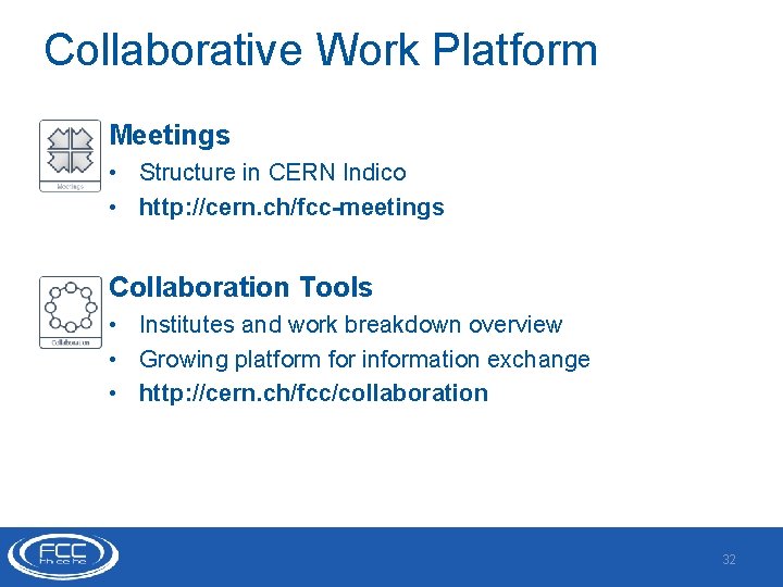 Collaborative Work Platform Meetings Structure in CERN Indico • http: //cern. ch/fcc-meetings • Collaboration