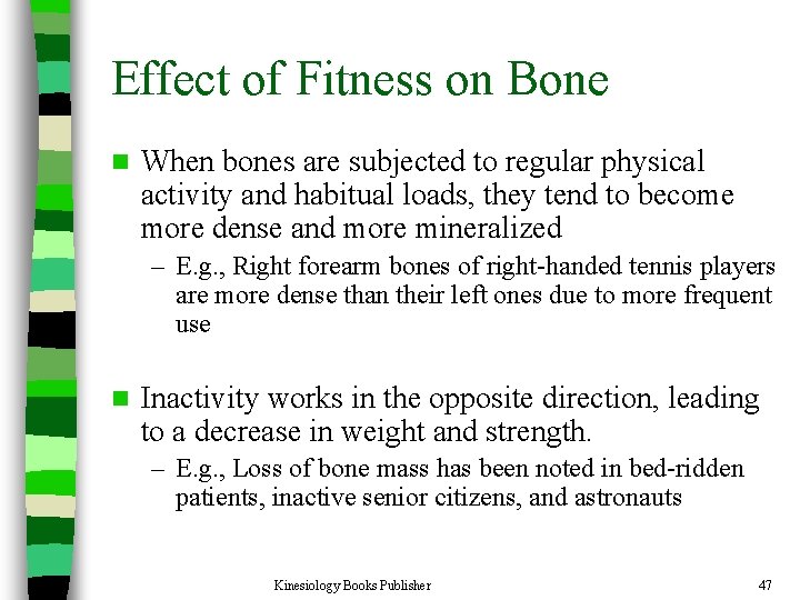Effect of Fitness on Bone n When bones are subjected to regular physical activity