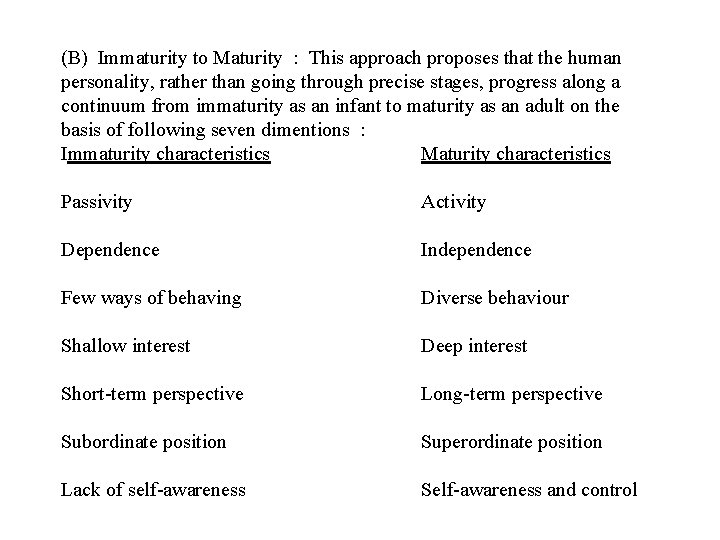 (B) Immaturity to Maturity : This approach proposes that the human personality, rather than