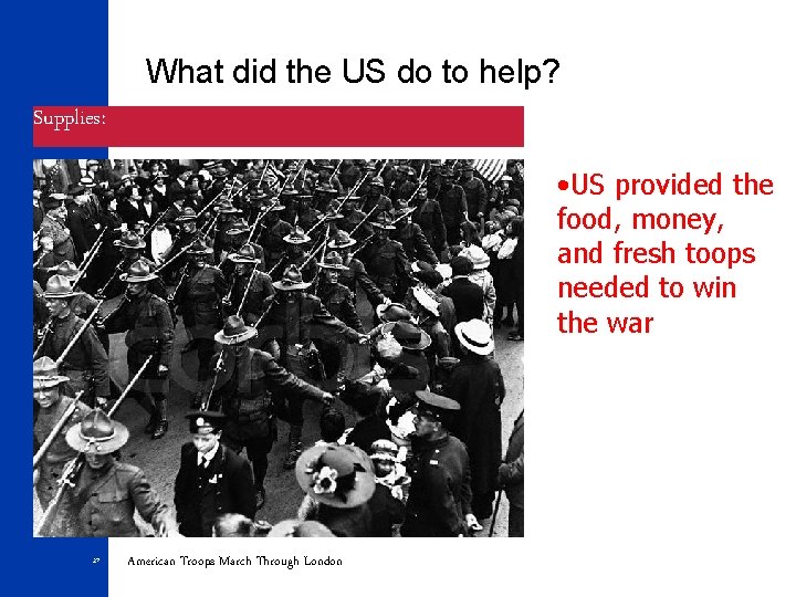 What did the US do to help? Supplies: • US provided the food, money,