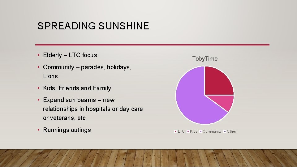 SPREADING SUNSHINE • Elderly – LTC focus Toby. Time • Community – parades, holidays,