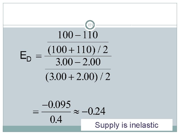 Compute the Price Elasticity of Supply 171 Supply is inelastic 