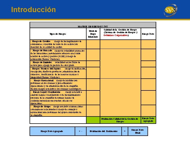 Introducción MATRIZ DE RIESGOS SVS Calidad de la Gestión de Riesgo Nivel de (Sistema