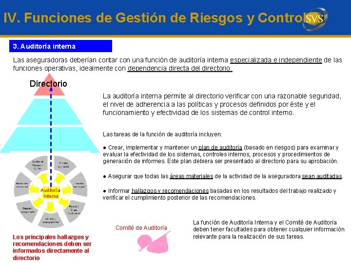 IV. Funciones de Gestión de Riesgos y Control 3. Auditoría interna Las aseguradoras deberían